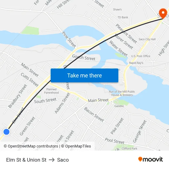 Elm St & Union St to Saco map