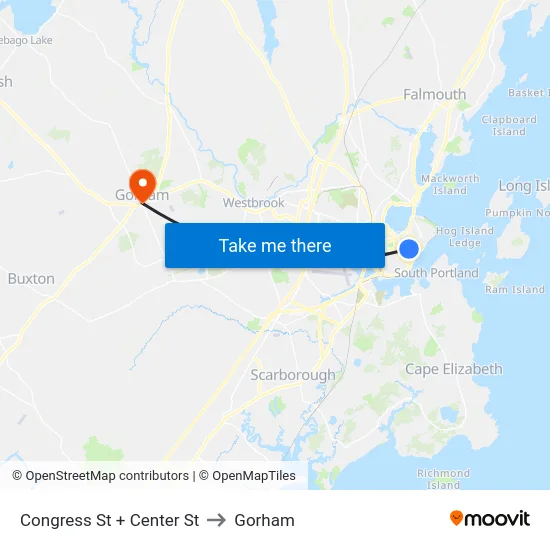 Congress St + Center St to Gorham map