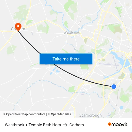 Westbrook + Temple Beth Ham to Gorham map