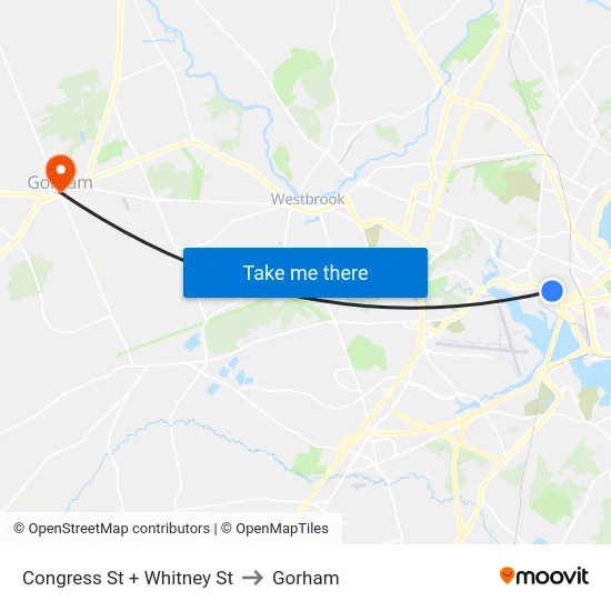 Congress St + Whitney St to Gorham map
