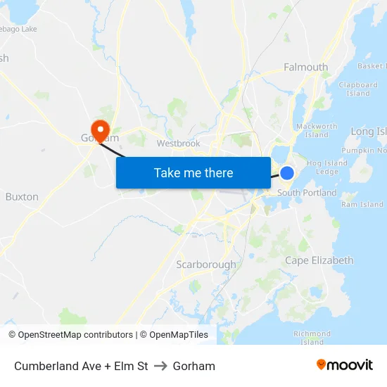 Cumberland Ave + Elm St to Gorham map