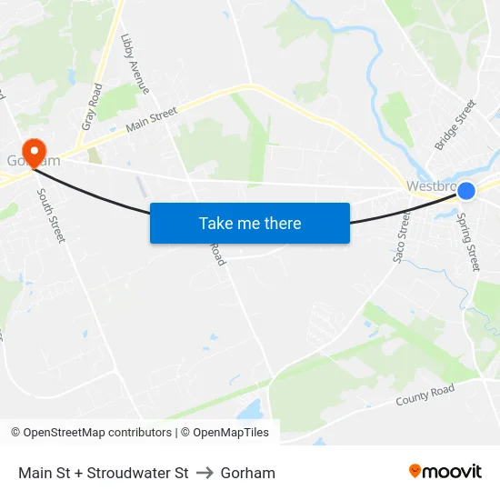 Main St + Stroudwater St to Gorham map