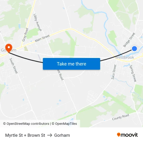Myrtle St + Brown St to Gorham map