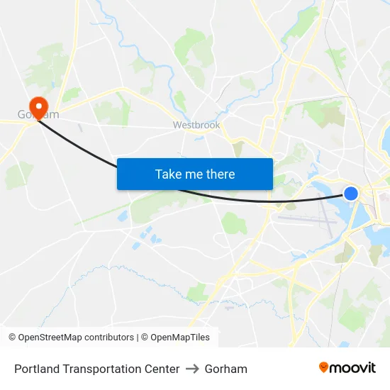 Portland Transportation Center to Gorham map