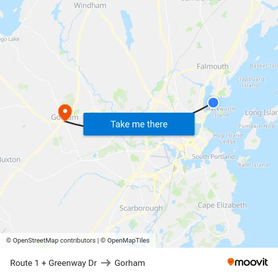 Route 1 + Greenway Dr to Gorham map