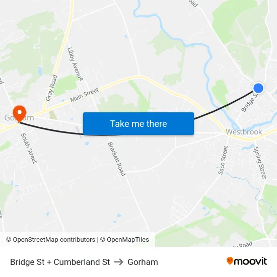 Bridge St + Cumberland St to Gorham map