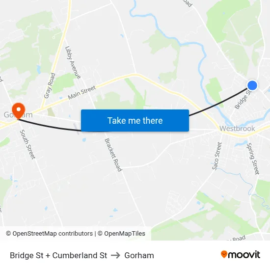 Bridge St + Cumberland St to Gorham map