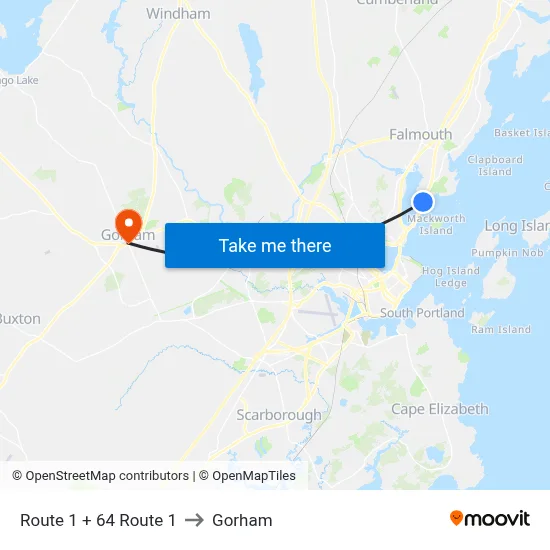 Route 1 + 64 Route 1 to Gorham map