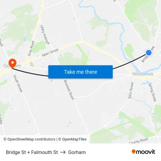 Bridge St + Falmouth St to Gorham map