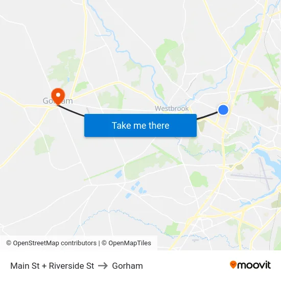 Main St + Riverside St to Gorham map