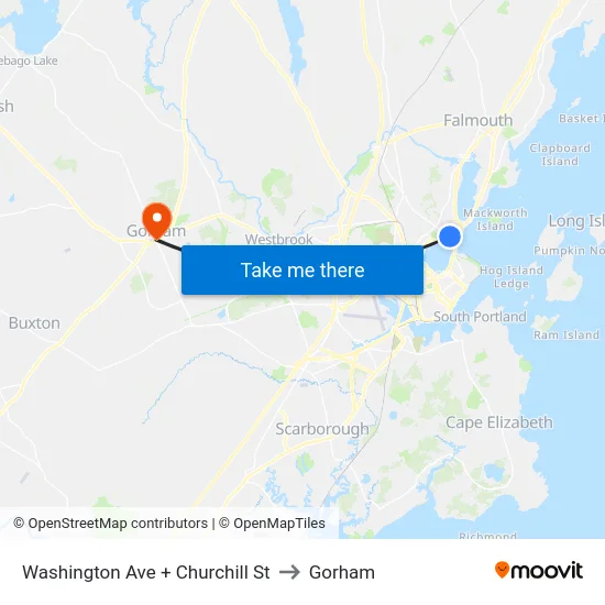 Washington Ave + Churchill St to Gorham map