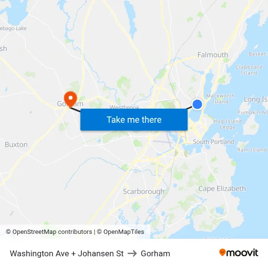 Washington Ave + Johansen St to Gorham map
