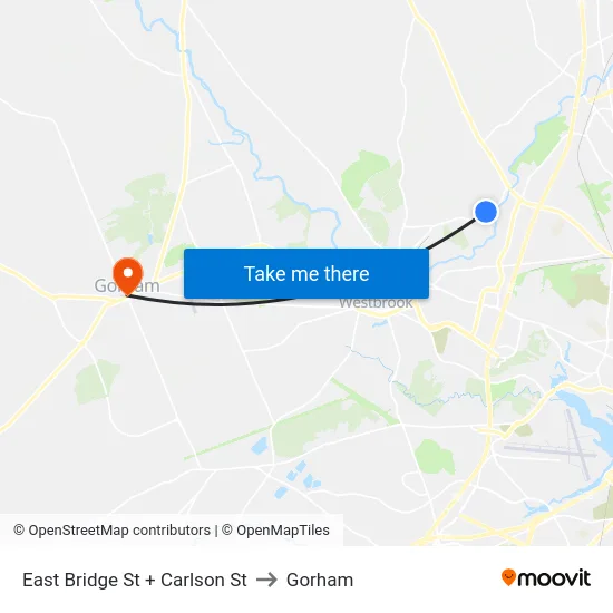 East Bridge St + Carlson St to Gorham map