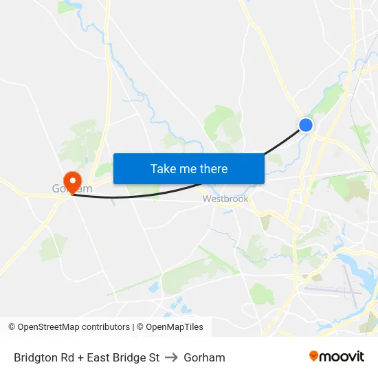 Bridgton Rd + East Bridge St to Gorham map