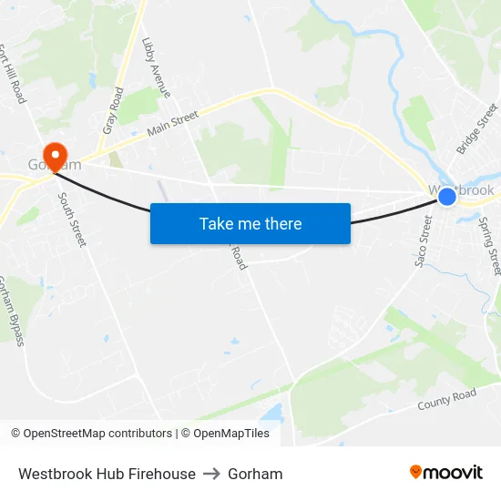 Westbrook Hub Firehouse to Gorham map