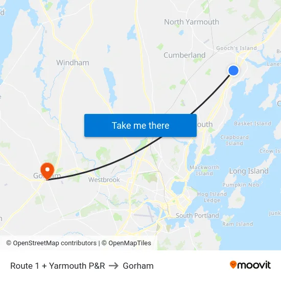 Route 1 + Yarmouth P&R to Gorham map