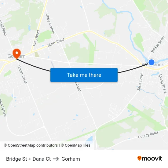 Bridge St + Dana Ct to Gorham map