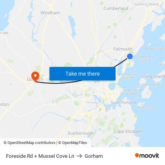 Foreside Rd + Mussel Cove Ln to Gorham map