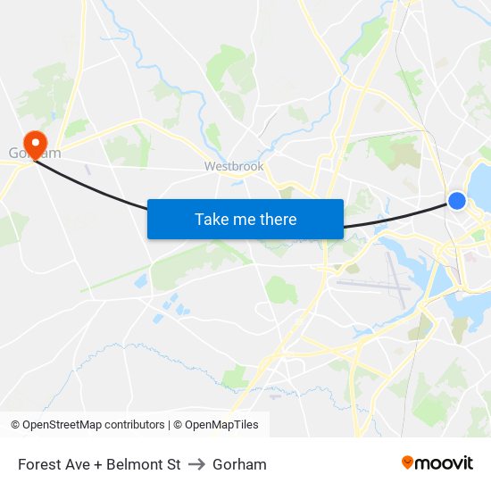 Forest Ave + Belmont St to Gorham map