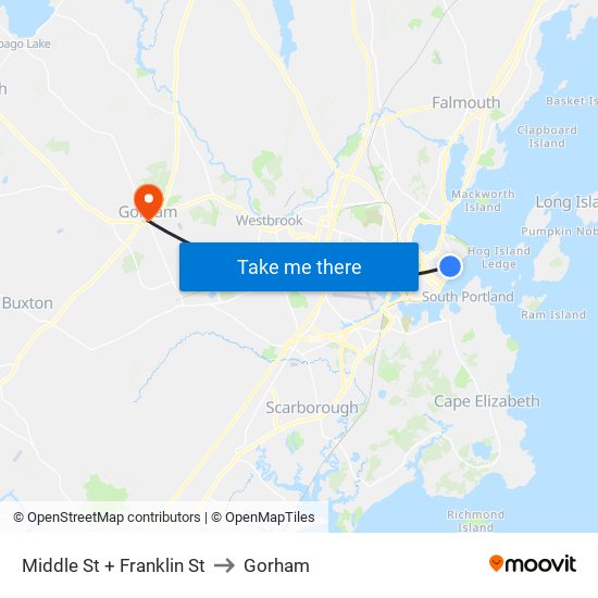 Middle St + Franklin St to Gorham map