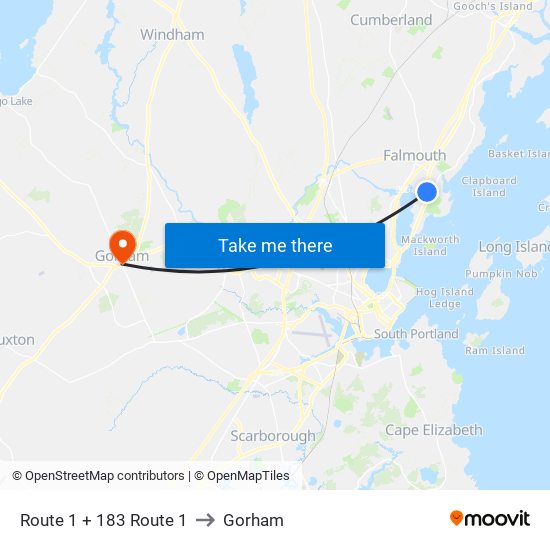 Route 1 + 183 Route 1 to Gorham map