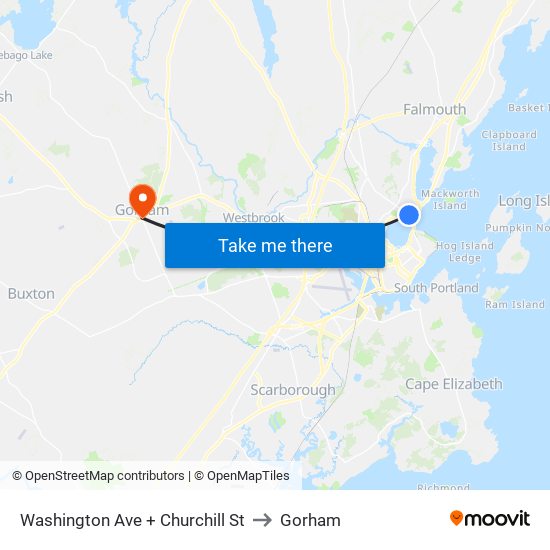 Washington Ave + Churchill St to Gorham map