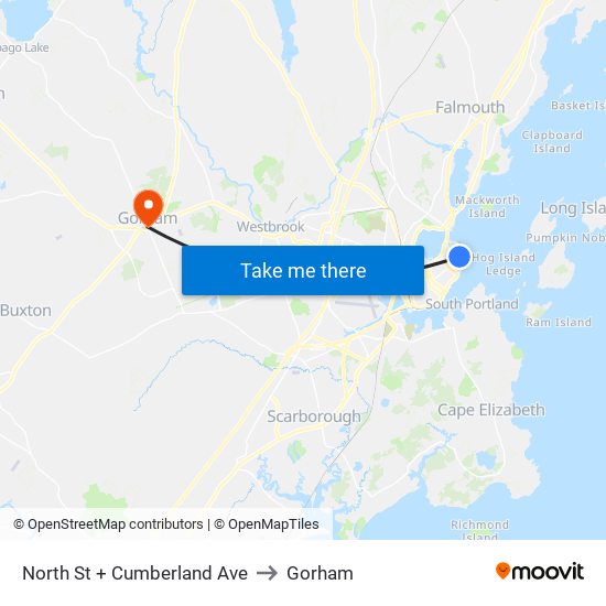 North St + Cumberland Ave to Gorham map