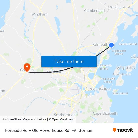 Foreside Rd + Old Powerhouse Rd to Gorham map