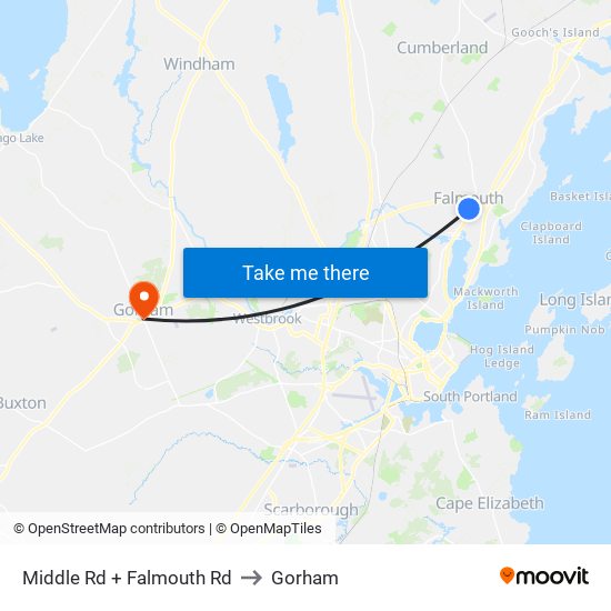 Middle Rd + Falmouth Rd to Gorham map