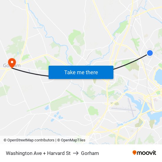 Washington Ave + Harvard St to Gorham map