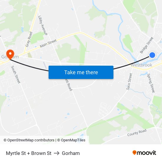 Myrtle St + Brown St to Gorham map