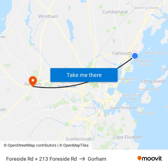 Foreside Rd + 213 Foreside Rd to Gorham map