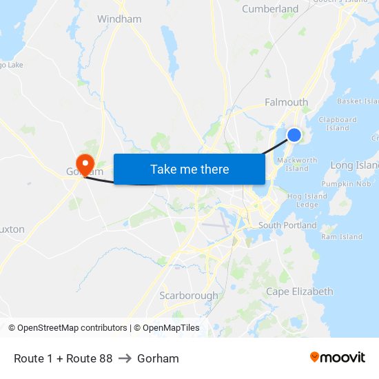 Route 1 + Route 88 to Gorham map
