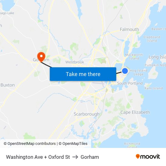 Washington Ave + Oxford St to Gorham map
