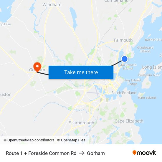 Route 1 + Foreside Common Rd to Gorham map