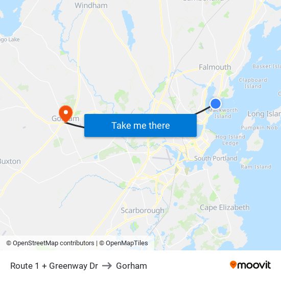 Route 1 + Greenway Dr to Gorham map