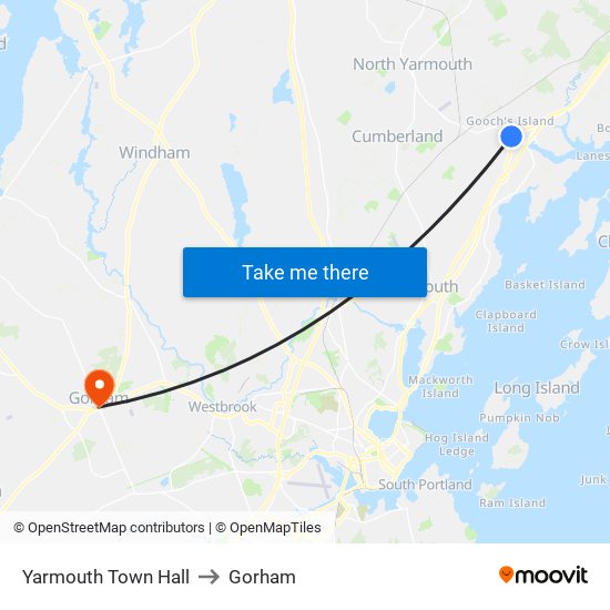 Yarmouth Town Hall to Gorham map