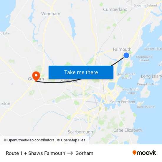 Route 1 + Shaws Falmouth to Gorham map