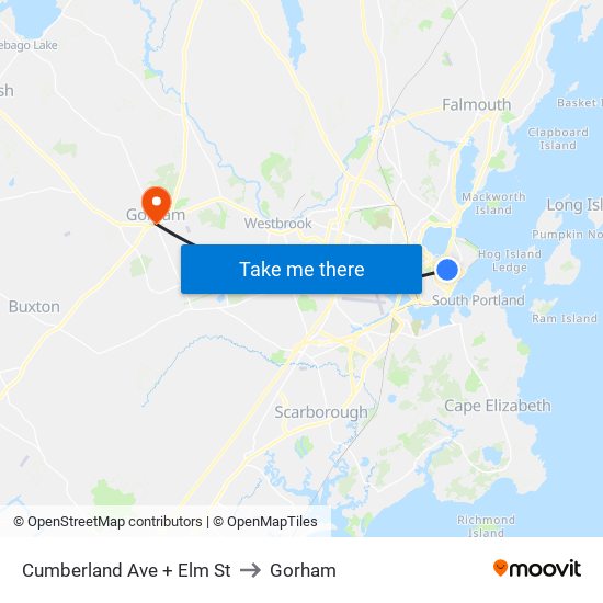 Cumberland Ave + Elm St to Gorham map