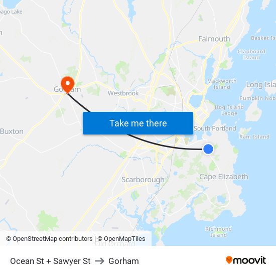 Ocean St + Sawyer St to Gorham map