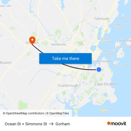 Ocean St + Simmons St to Gorham map