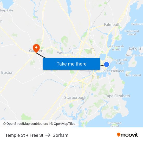Temple St + Free St to Gorham map