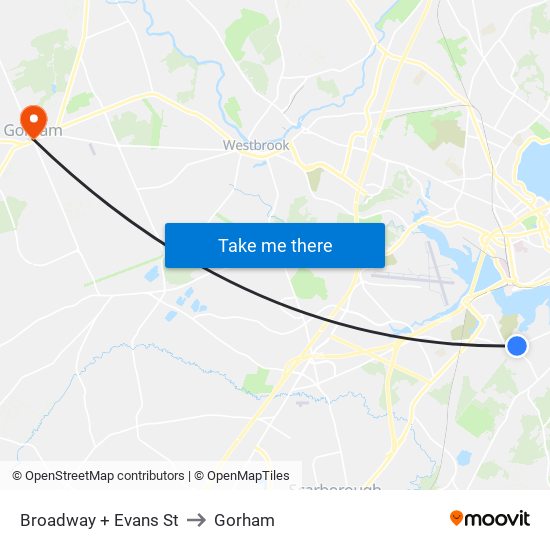 Broadway + Evans St to Gorham map