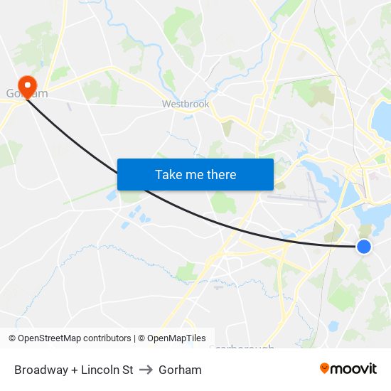 Broadway + Lincoln St to Gorham map