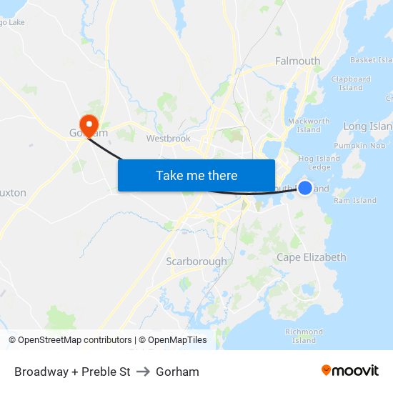 Broadway + Preble St to Gorham map