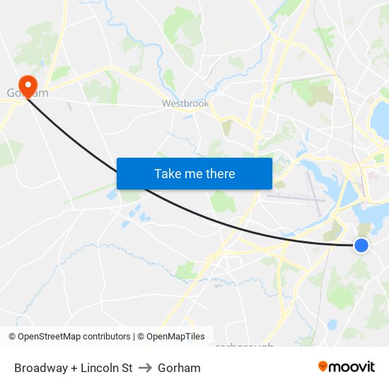 Broadway + Lincoln St to Gorham map