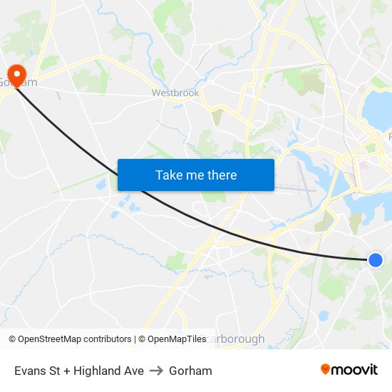 Evans St + Highland Ave to Gorham map