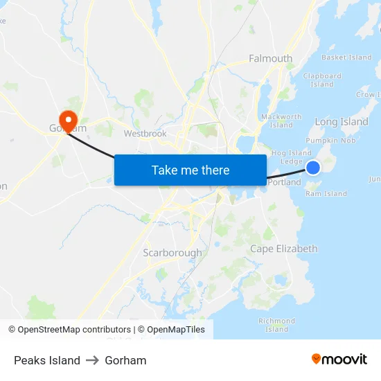 Peaks Island to Gorham map