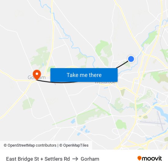 East Bridge St + Settlers Rd to Gorham map
