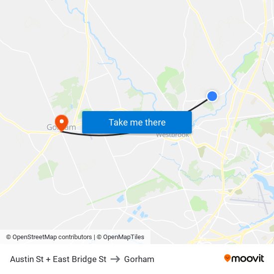 Austin St + East Bridge St to Gorham map